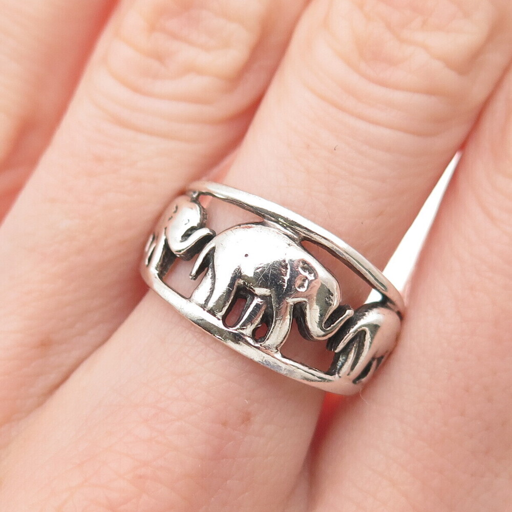 925 Sterling Silver Vintage Elephant Family Oxidized Ring Size 9
